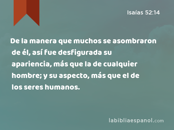 De la manera que muchos se asombraron de él, así fue desfigurada su apariencia, más que la de cualquier hombre; y su aspecto, más que el de los seres humanos. - Isaías 52:14