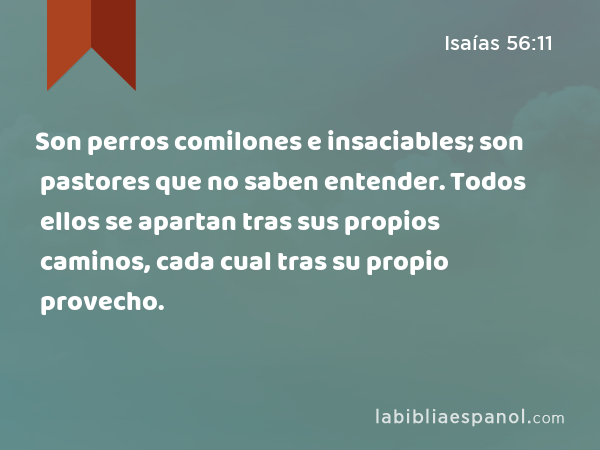 Son perros comilones e insaciables; son pastores que no saben entender. Todos ellos se apartan tras sus propios caminos, cada cual tras su propio provecho. - Isaías 56:11