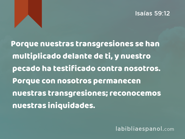 Porque nuestras transgresiones se han multiplicado delante de ti, y nuestro pecado ha testificado contra nosotros. Porque con nosotros permanecen nuestras transgresiones; reconocemos nuestras iniquidades. - Isaías 59:12