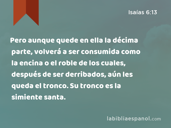 Pero aunque quede en ella la décima parte, volverá a ser consumida como la encina o el roble de los cuales, después de ser derribados, aún les queda el tronco. Su tronco es la simiente santa. - Isaías 6:13