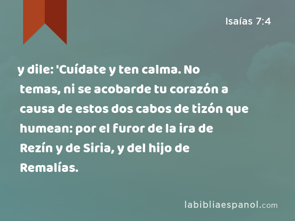 y dile: 'Cuídate y ten calma. No temas, ni se acobarde tu corazón a causa de estos dos cabos de tizón que humean: por el furor de la ira de Rezín y de Siria, y del hijo de Remalías. - Isaías 7:4