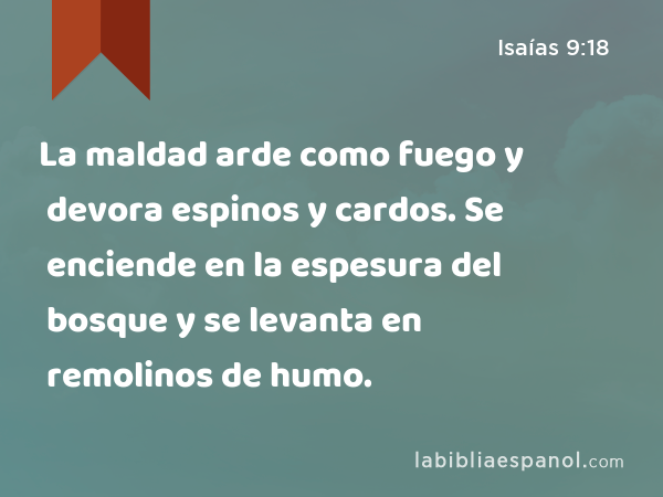 La maldad arde como fuego y devora espinos y cardos. Se enciende en la espesura del bosque y se levanta en remolinos de humo. - Isaías 9:18