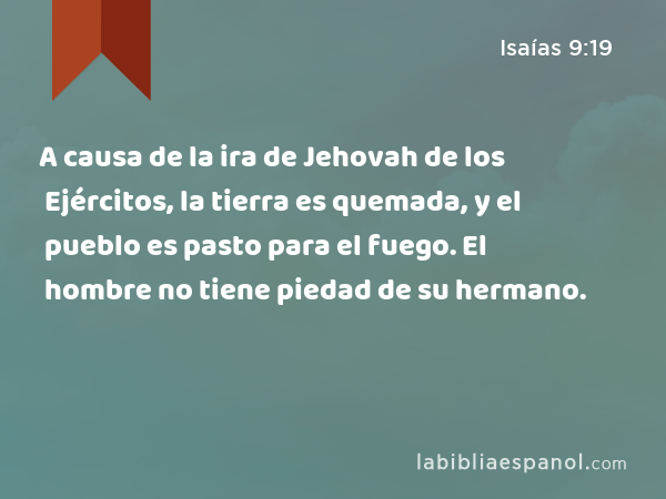 A causa de la ira de Jehovah de los Ejércitos, la tierra es quemada, y el pueblo es pasto para el fuego. El hombre no tiene piedad de su hermano. - Isaías 9:19