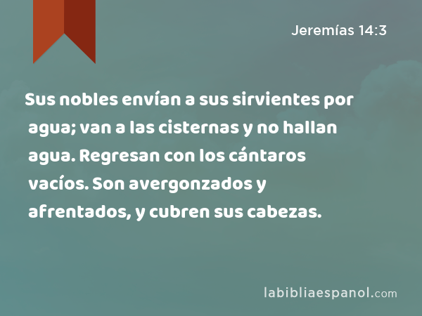 Sus nobles envían a sus sirvientes por agua; van a las cisternas y no hallan agua. Regresan con los cántaros vacíos. Son avergonzados y afrentados, y cubren sus cabezas. - Jeremías 14:3