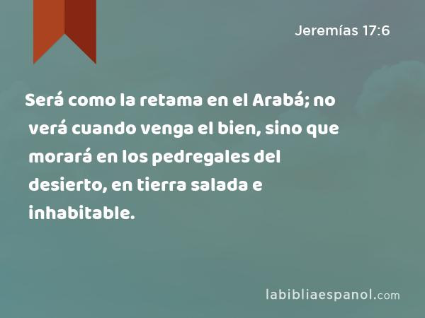 Será como la retama en el Arabá; no verá cuando venga el bien, sino que morará en los pedregales del desierto, en tierra salada e inhabitable. - Jeremías 17:6