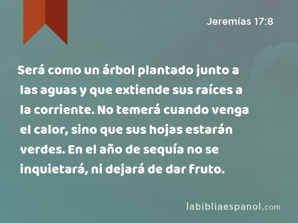 Será como un árbol plantado junto a las aguas y que extiende sus raíces a la corriente. No temerá cuando venga el calor, sino que sus hojas estarán verdes. En el año de sequía no se inquietará, ni dejará de dar fruto. - Jeremías 17:8