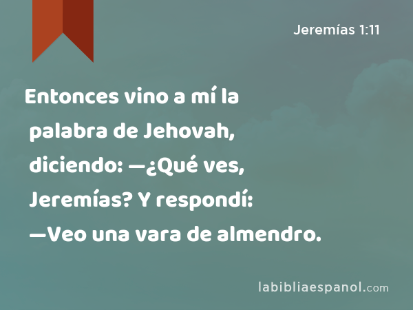 Entonces vino a mí la palabra de Jehovah, diciendo: —¿Qué ves, Jeremías? Y respondí: —Veo una vara de almendro. - Jeremías 1:11