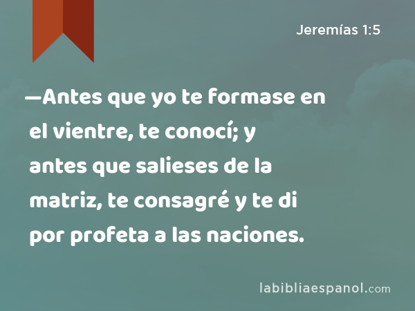 —Antes que yo te formase en el vientre, te conocí; y antes que salieses de la matriz, te consagré y te di por profeta a las naciones. - Jeremías 1:5