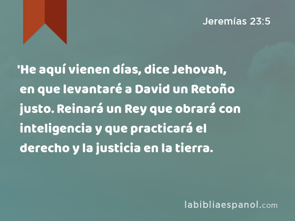 'He aquí vienen días, dice Jehovah, en que levantaré a David un Retoño justo. Reinará un Rey que obrará con inteligencia y que practicará el derecho y la justicia en la tierra. - Jeremías 23:5