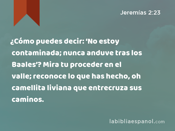 ¿Cómo puedes decir: ‘No estoy contaminada; nunca anduve tras los Baales’? Mira tu proceder en el valle; reconoce lo que has hecho, oh camellita liviana que entrecruza sus caminos. - Jeremías 2:23