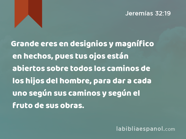 Grande eres en designios y magnífico en hechos, pues tus ojos están abiertos sobre todos los caminos de los hijos del hombre, para dar a cada uno según sus caminos y según el fruto de sus obras. - Jeremías 32:19