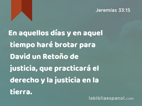 En aquellos días y en aquel tiempo haré brotar para David un Retoño de justicia, que practicará el derecho y la justicia en la tierra. - Jeremías 33:15