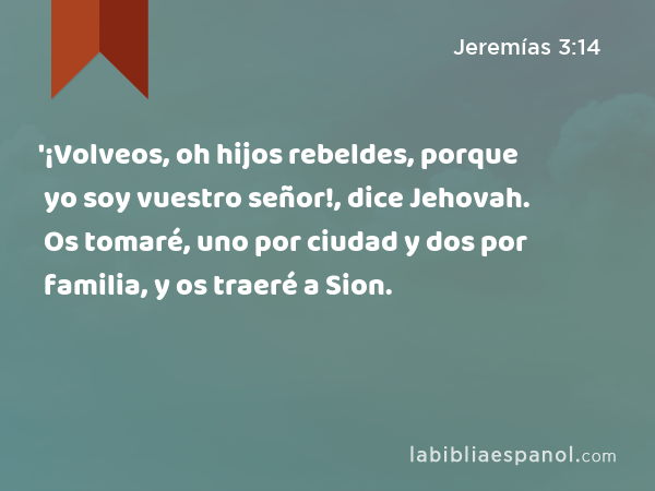 '¡Volveos, oh hijos rebeldes, porque yo soy vuestro señor!, dice Jehovah. Os tomaré, uno por ciudad y dos por familia, y os traeré a Sion. - Jeremías 3:14