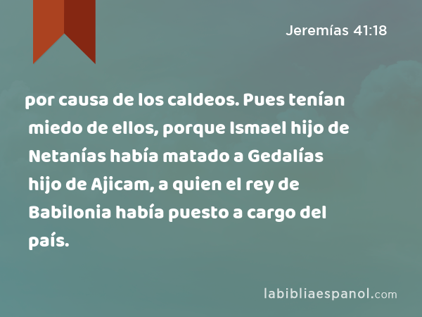 por causa de los caldeos. Pues tenían miedo de ellos, porque Ismael hijo de Netanías había matado a Gedalías hijo de Ajicam, a quien el rey de Babilonia había puesto a cargo del país. - Jeremías 41:18