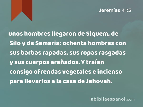 unos hombres llegaron de Siquem, de Silo y de Samaria: ochenta hombres con sus barbas rapadas, sus ropas rasgadas y sus cuerpos arañados. Y traían consigo ofrendas vegetales e incienso para llevarlos a la casa de Jehovah. - Jeremías 41:5