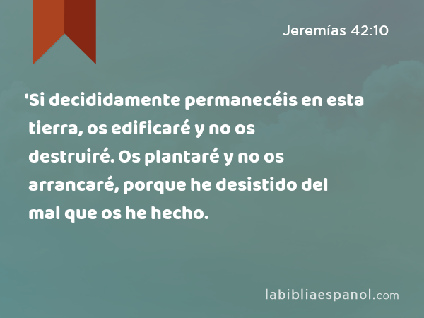 'Si decididamente permanecéis en esta tierra, os edificaré y no os destruiré. Os plantaré y no os arrancaré, porque he desistido del mal que os he hecho. - Jeremías 42:10