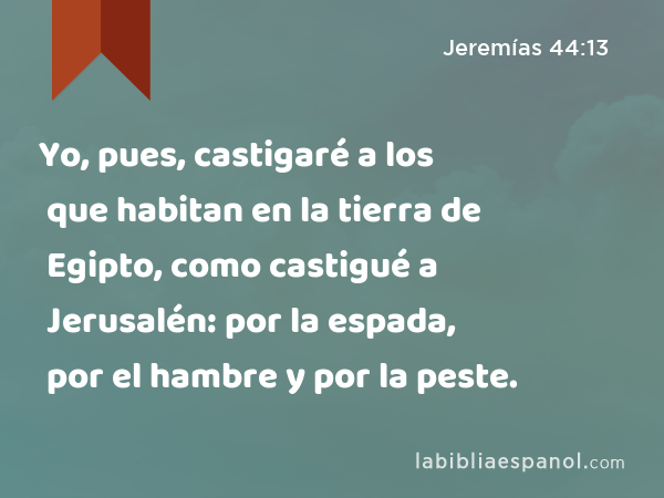 Yo, pues, castigaré a los que habitan en la tierra de Egipto, como castigué a Jerusalén: por la espada, por el hambre y por la peste. - Jeremías 44:13