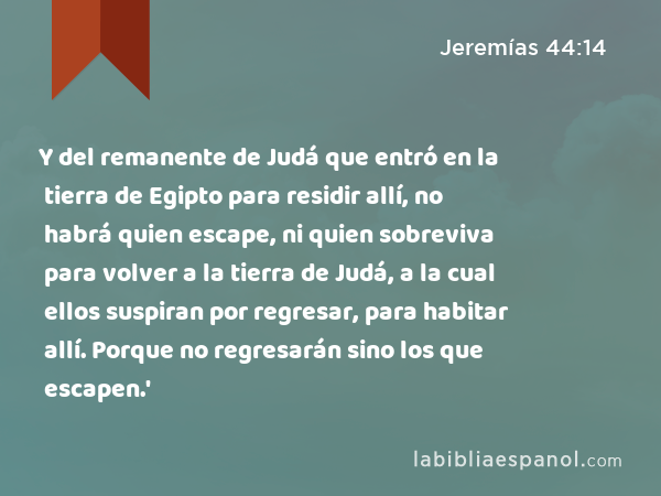 Y del remanente de Judá que entró en la tierra de Egipto para residir allí, no habrá quien escape, ni quien sobreviva para volver a la tierra de Judá, a la cual ellos suspiran por regresar, para habitar allí. Porque no regresarán sino los que escapen.' - Jeremías 44:14