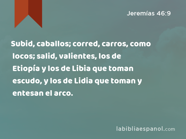 Subid, caballos; corred, carros, como locos; salid, valientes, los de Etiopía y los de Libia que toman escudo, y los de Lidia que toman y entesan el arco. - Jeremías 46:9