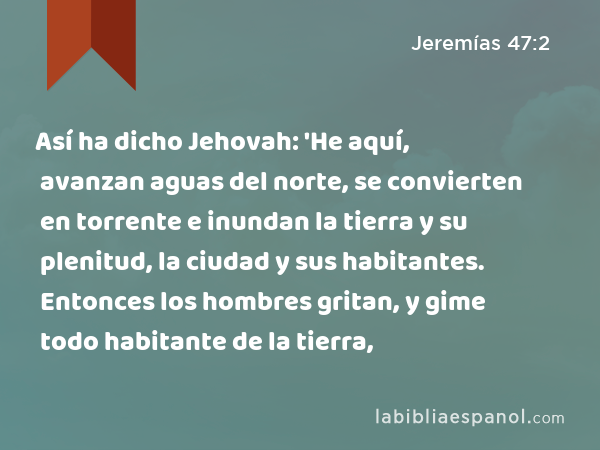 Así ha dicho Jehovah: 'He aquí, avanzan aguas del norte, se convierten en torrente e inundan la tierra y su plenitud, la ciudad y sus habitantes. Entonces los hombres gritan, y gime todo habitante de la tierra, - Jeremías 47:2