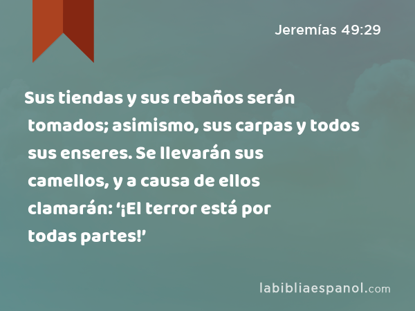 Sus tiendas y sus rebaños serán tomados; asimismo, sus carpas y todos sus enseres. Se llevarán sus camellos, y a causa de ellos clamarán: ‘¡El terror está por todas partes!’ - Jeremías 49:29