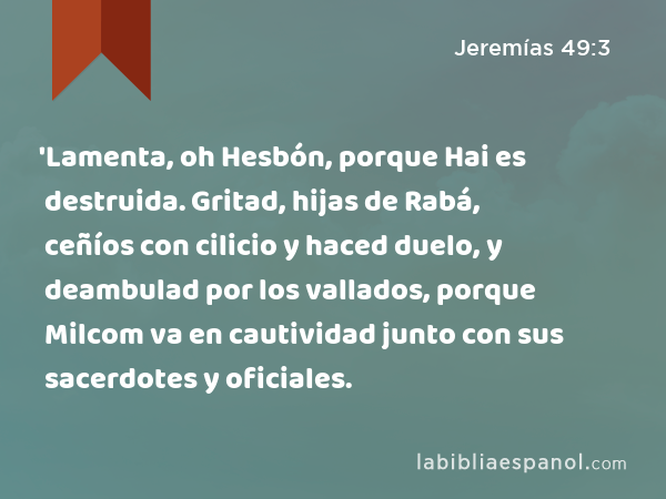 'Lamenta, oh Hesbón, porque Hai es destruida. Gritad, hijas de Rabá, ceñíos con cilicio y haced duelo, y deambulad por los vallados, porque Milcom va en cautividad junto con sus sacerdotes y oficiales. - Jeremías 49:3