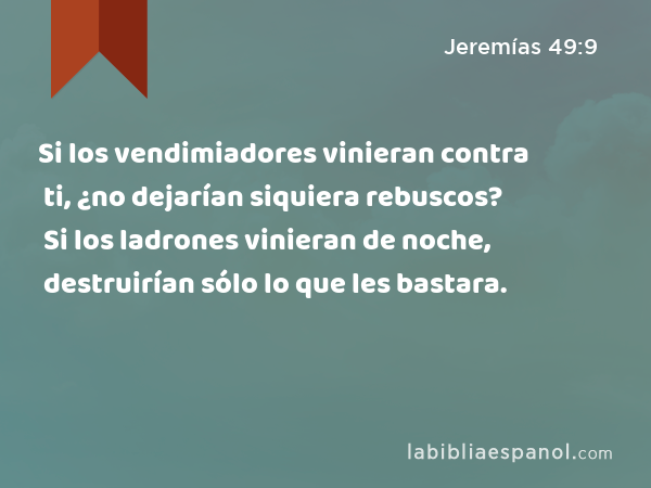 Si los vendimiadores vinieran contra ti, ¿no dejarían siquiera rebuscos? Si los ladrones vinieran de noche, destruirían sólo lo que les bastara. - Jeremías 49:9