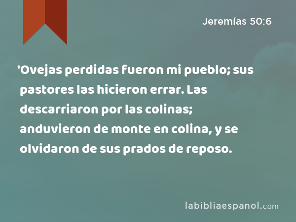 'Ovejas perdidas fueron mi pueblo; sus pastores las hicieron errar. Las descarriaron por las colinas; anduvieron de monte en colina, y se olvidaron de sus prados de reposo. - Jeremías 50:6