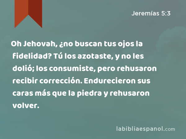 Oh Jehovah, ¿no buscan tus ojos la fidelidad? Tú los azotaste, y no les dolió; los consumiste, pero rehusaron recibir corrección. Endurecieron sus caras más que la piedra y rehusaron volver. - Jeremías 5:3