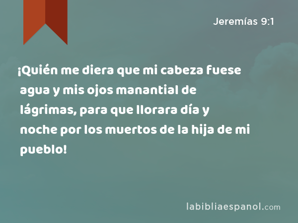 ¡Quién me diera que mi cabeza fuese agua y mis ojos manantial de lágrimas, para que llorara día y noche por los muertos de la hija de mi pueblo! - Jeremías 9:1