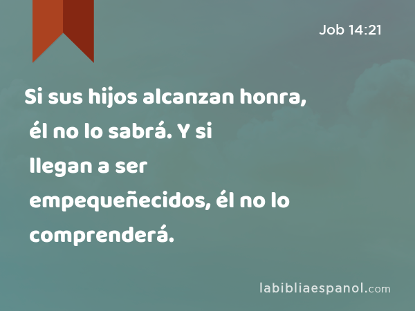 Si sus hijos alcanzan honra, él no lo sabrá. Y si llegan a ser empequeñecidos, él no lo comprenderá. - Job 14:21