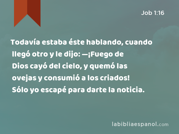 Todavía estaba éste hablando, cuando llegó otro y le dijo: —¡Fuego de Dios cayó del cielo, y quemó las ovejas y consumió a los criados! Sólo yo escapé para darte la noticia. - Job 1:16