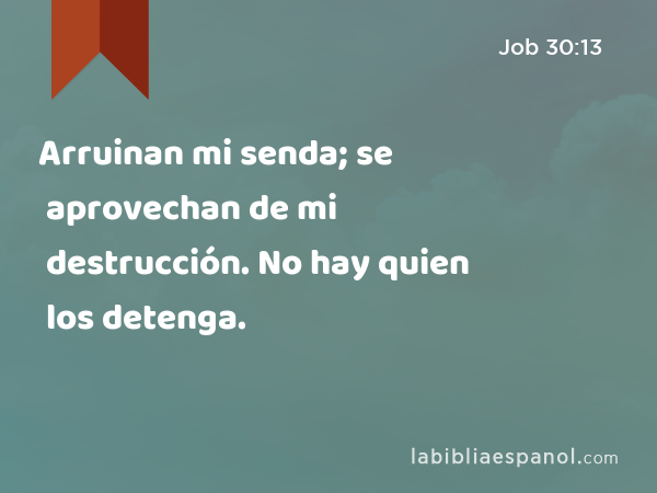 Arruinan mi senda; se aprovechan de mi destrucción. No hay quien los detenga. - Job 30:13