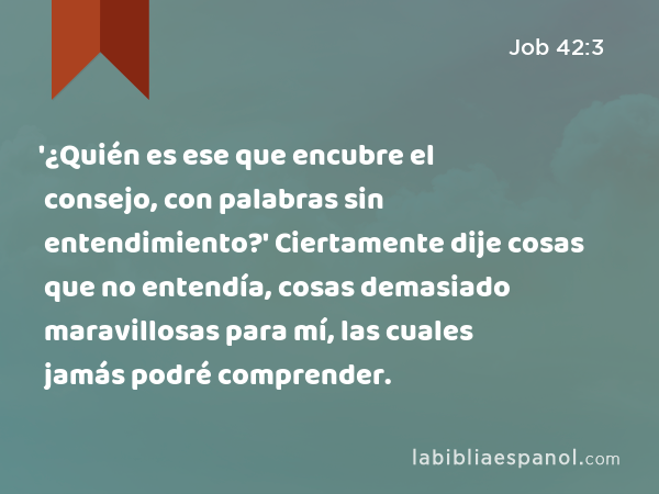 '¿Quién es ese que encubre el consejo, con palabras sin entendimiento?' Ciertamente dije cosas que no entendía, cosas demasiado maravillosas para mí, las cuales jamás podré comprender. - Job 42:3