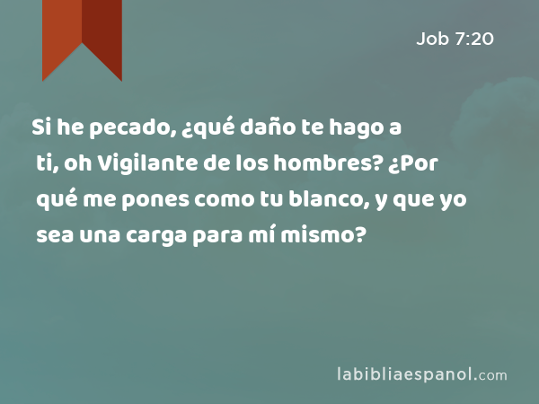 Si he pecado, ¿qué daño te hago a ti, oh Vigilante de los hombres? ¿Por qué me pones como tu blanco, y que yo sea una carga para mí mismo? - Job 7:20