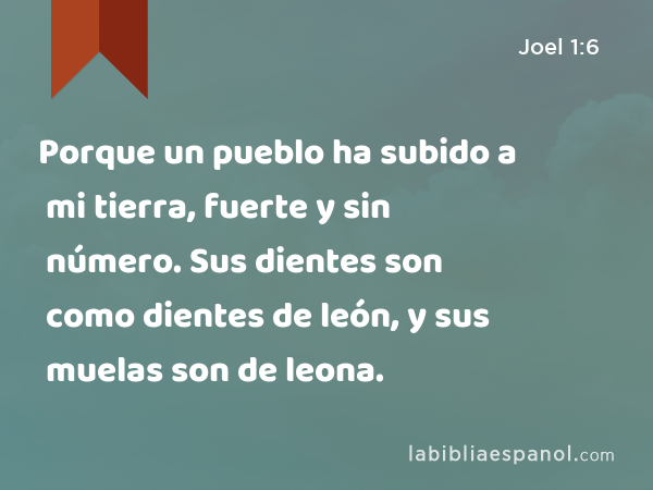 Porque un pueblo ha subido a mi tierra, fuerte y sin número. Sus dientes son como dientes de león, y sus muelas son de leona. - Joel 1:6