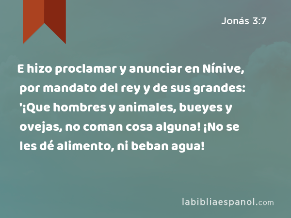 E hizo proclamar y anunciar en Nínive, por mandato del rey y de sus grandes: '¡Que hombres y animales, bueyes y ovejas, no coman cosa alguna! ¡No se les dé alimento, ni beban agua! - Jonás 3:7