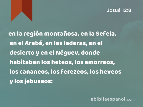 en la región montañosa, en la Sefela, en el Arabá, en las laderas, en el desierto y en el Néguev, donde habitaban los heteos, los amorreos, los cananeos, los ferezeos, los heveos y los jebuseos: - Josué 12:8