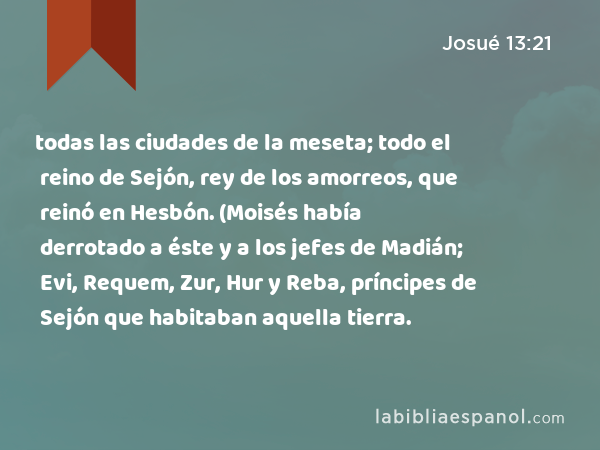 todas las ciudades de la meseta; todo el reino de Sejón, rey de los amorreos, que reinó en Hesbón. (Moisés había derrotado a éste y a los jefes de Madián; Evi, Requem, Zur, Hur y Reba, príncipes de Sejón que habitaban aquella tierra. - Josué 13:21