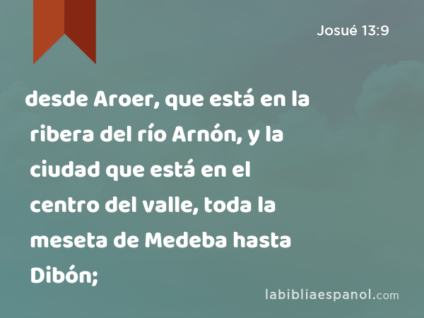 desde Aroer, que está en la ribera del río Arnón, y la ciudad que está en el centro del valle, toda la meseta de Medeba hasta Dibón; - Josué 13:9