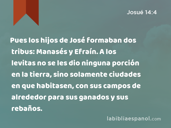 Pues los hijos de José formaban dos tribus: Manasés y Efraín. A los levitas no se les dio ninguna porción en la tierra, sino solamente ciudades en que habitasen, con sus campos de alrededor para sus ganados y sus rebaños. - Josué 14:4