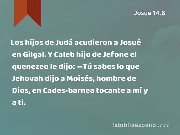 Los hijos de Judá acudieron a Josué en Gilgal. Y Caleb hijo de Jefone el quenezeo le dijo: —Tú sabes lo que Jehovah dijo a Moisés, hombre de Dios, en Cades-barnea tocante a mí y a ti. - Josué 14:6