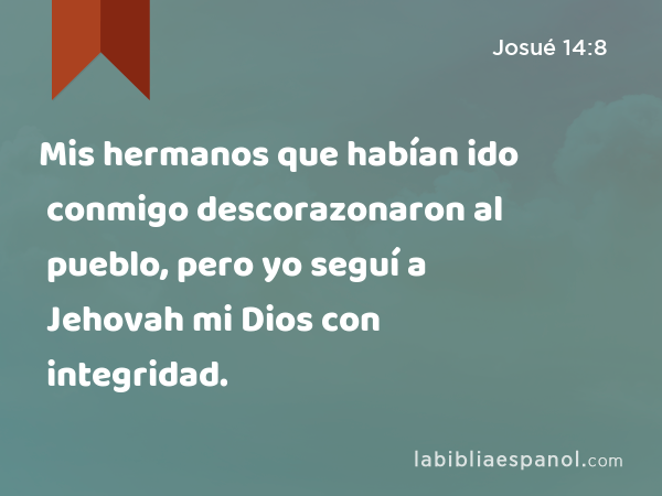 Mis hermanos que habían ido conmigo descorazonaron al pueblo, pero yo seguí a Jehovah mi Dios con integridad. - Josué 14:8