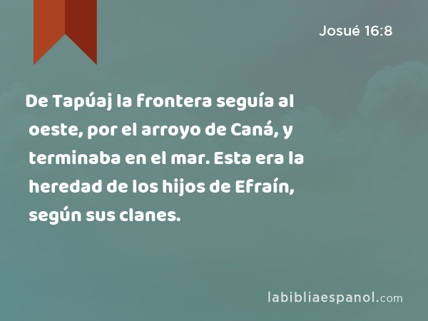 De Tapúaj la frontera seguía al oeste, por el arroyo de Caná, y terminaba en el mar. Esta era la heredad de los hijos de Efraín, según sus clanes. - Josué 16:8