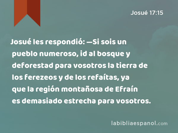 Josué les respondió: —Si sois un pueblo numeroso, id al bosque y deforestad para vosotros la tierra de los ferezeos y de los refaítas, ya que la región montañosa de Efraín es demasiado estrecha para vosotros. - Josué 17:15