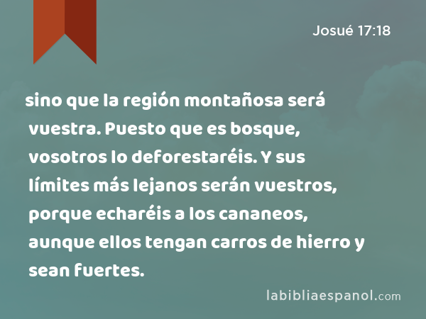 sino que la región montañosa será vuestra. Puesto que es bosque, vosotros lo deforestaréis. Y sus límites más lejanos serán vuestros, porque echaréis a los cananeos, aunque ellos tengan carros de hierro y sean fuertes. - Josué 17:18