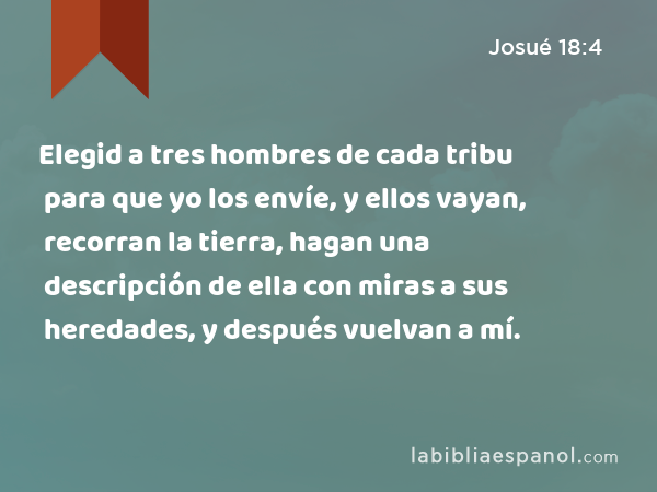 Elegid a tres hombres de cada tribu para que yo los envíe, y ellos vayan, recorran la tierra, hagan una descripción de ella con miras a sus heredades, y después vuelvan a mí. - Josué 18:4