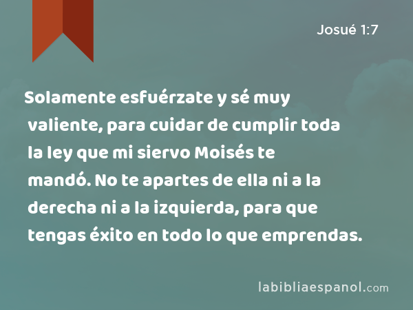 Solamente esfuérzate y sé muy valiente, para cuidar de cumplir toda la ley que mi siervo Moisés te mandó. No te apartes de ella ni a la derecha ni a la izquierda, para que tengas éxito en todo lo que emprendas. - Josué 1:7