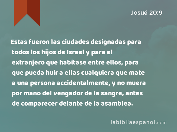 Estas fueron las ciudades designadas para todos los hijos de Israel y para el extranjero que habitase entre ellos, para que pueda huir a ellas cualquiera que mate a una persona accidentalmente, y no muera por mano del vengador de la sangre, antes de comparecer delante de la asamblea. - Josué 20:9