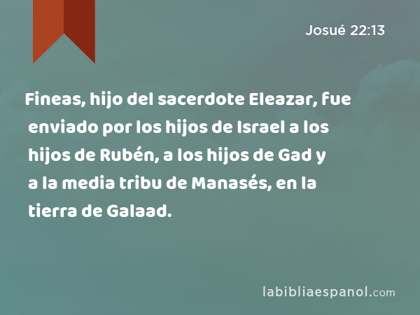 Fineas, hijo del sacerdote Eleazar, fue enviado por los hijos de Israel a los hijos de Rubén, a los hijos de Gad y a la media tribu de Manasés, en la tierra de Galaad. - Josué 22:13